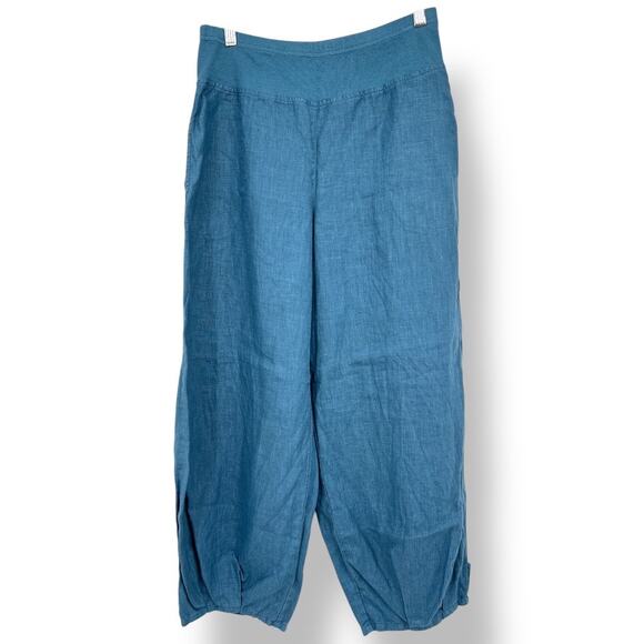 KLEEN 100% Linen Cropped Pants Size Medium Color Blue Boho Artsy Comfort - Picture 1 of 8